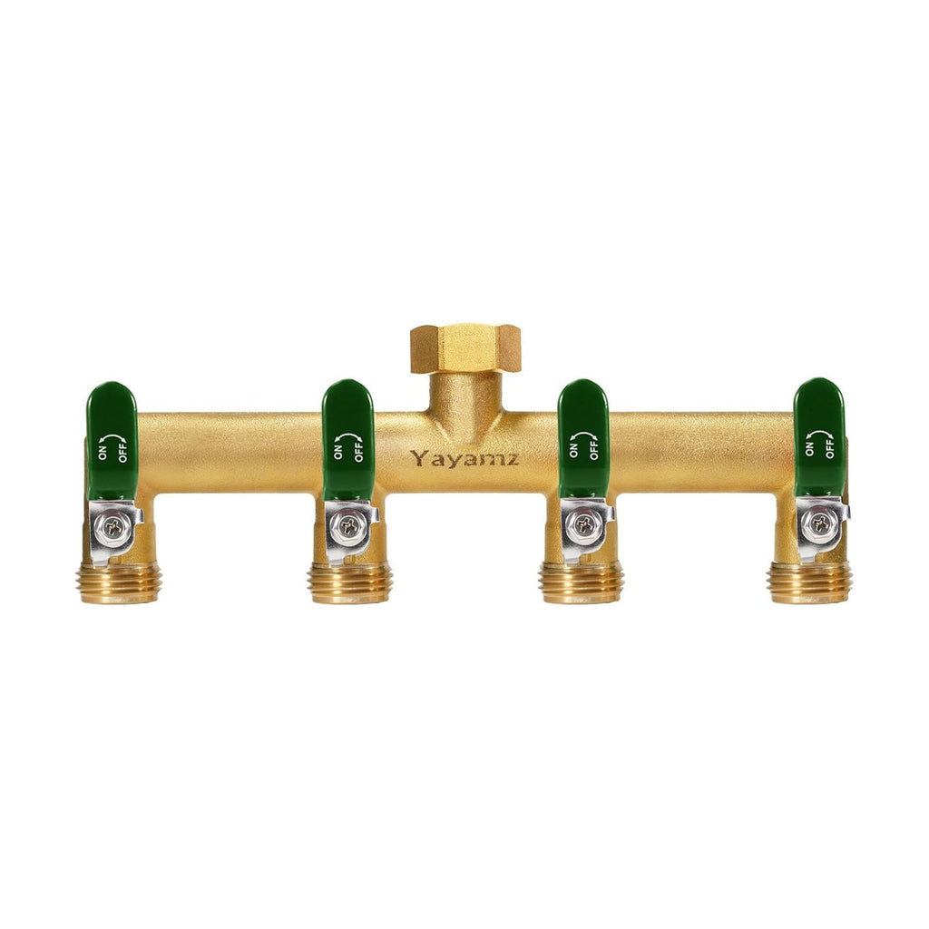 4 Way Garden Hose Splitter, 3/4" GHT Outdoor Water Spigot Splitter | Heavy Duty Solid Brass Body with Shut-off Valves &