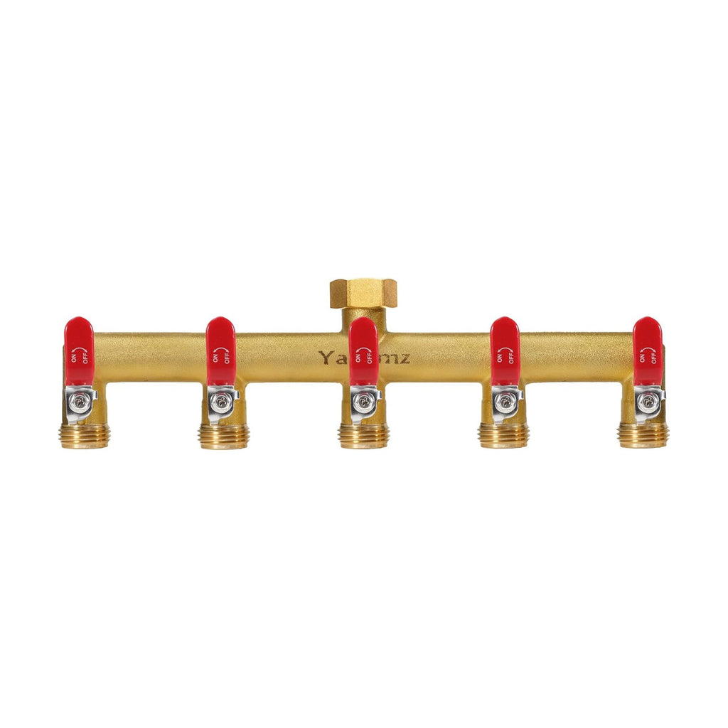 5 Way Garden Hose Splitter, 3/4" GHT Outdoor Water Spigot Splitter | Heavy Duty Solid Brass Body with Shut-off Valves &