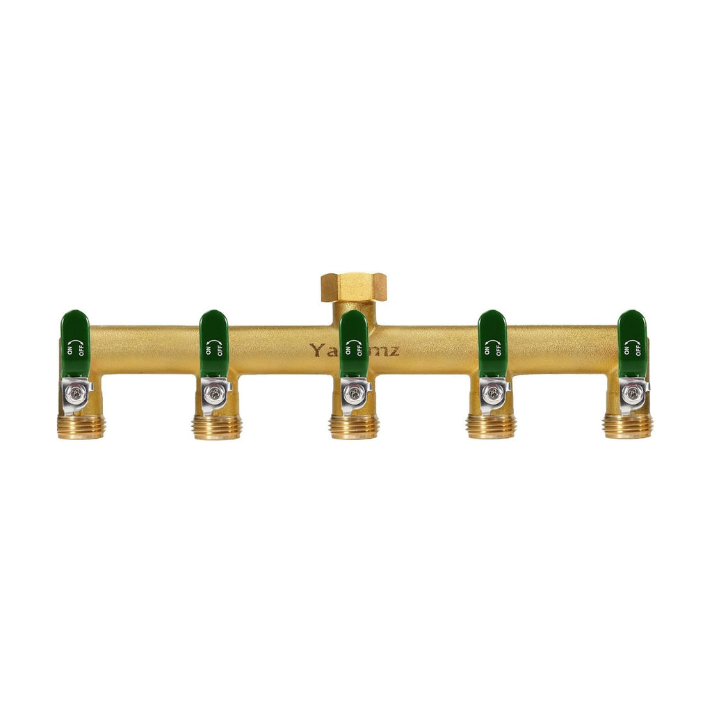 5 Way Garden Hose Splitter, 3/4" GHT Outdoor Water Spigot Splitter | Heavy Duty Solid Brass Body with Shut-off Valves &