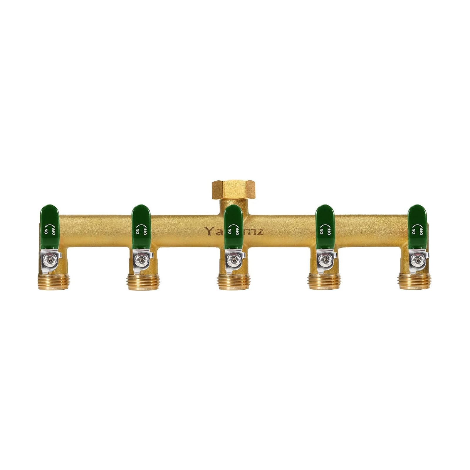 5 Way Garden Hose Splitter, 3/4" GHT Outdoor Water Spigot Splitter | Heavy Duty Solid Brass Body with Shut-off Valves &