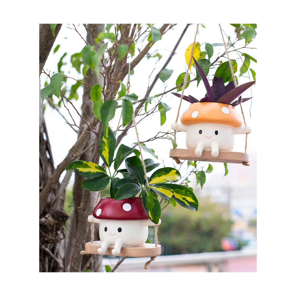 2pcs Mushroom Smily Swing Face Planter Pot Resin (Red&Yellow) | Cute Hanging Resin Flower Head Planter for Indoor