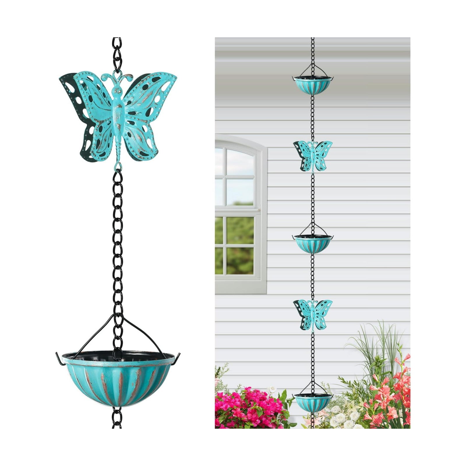 8.5 FT Butterfly Rain Chain with 12 Cups for Gutters Downspouts Outside | Metal Material, Large Opening to Avoid