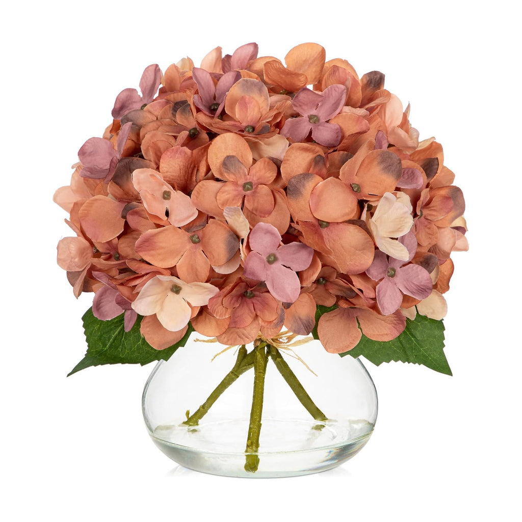 Hollyone Fall Hydrangea Artificial Flowers for Decoration with Glass Vase Dark Peach Autumn Silk Fake Flower Arrangements with Faux Water Table Centerpiece Vase with Flowers Fall Decorations for Home