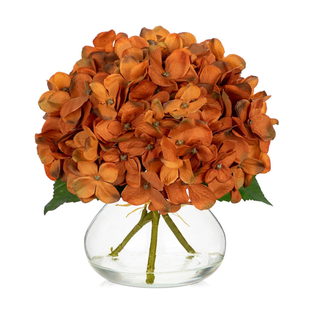 Hollyone Dark Orange Fall Hydrangea Artificial Flowers for Decoration with Glass Vase Silk Faux Flower Arrangements with Faux Water Fake Bouquet Table Centerpiece Vase with Flowers Autumn Home Decor