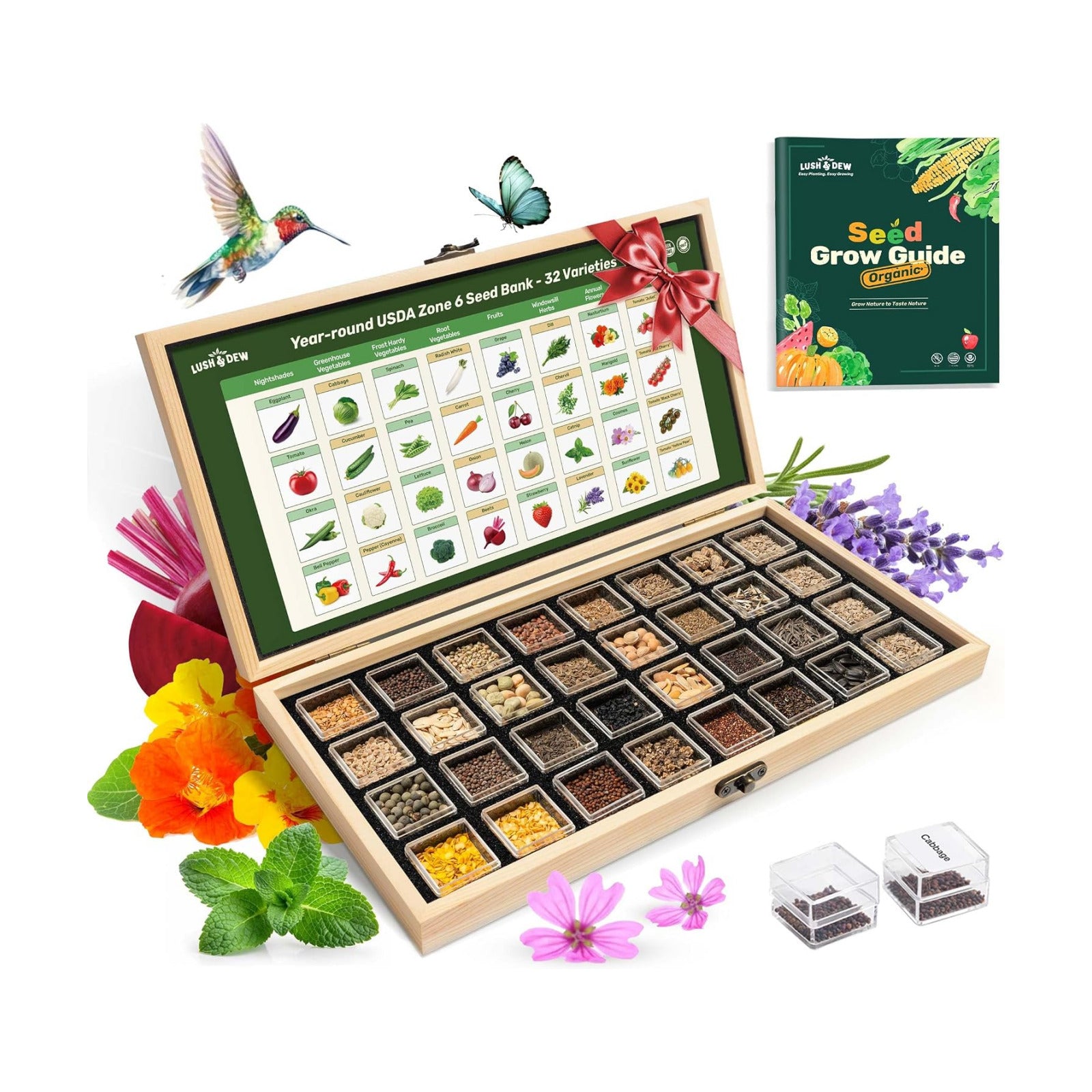 Lush&Dew Zone 6 Heirloom Survival Seed Kit, 32 Types 30,000+ Non-GMO Seeds | Gardening Gifts for Women Men, Seeds for