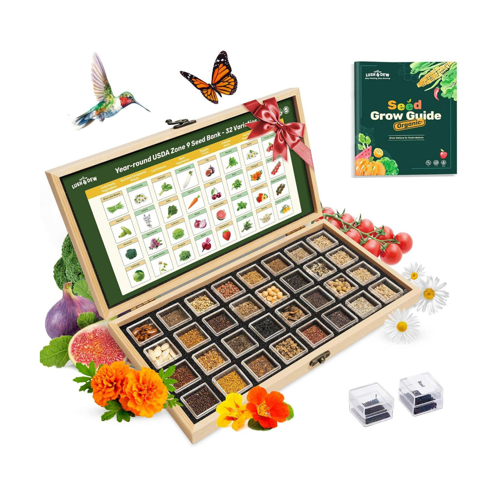 Lush&Dew Zone 9 Seed Bank, Gardening Gifts for Women Men, 32 Type USA Seeds | Non-GMO Heirloom Seeds for Planting