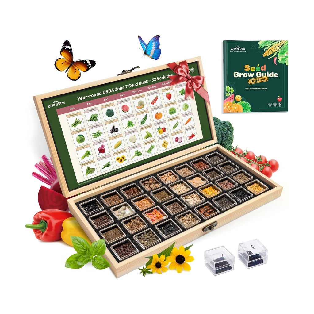 Year-Round Zone 7 Seed Bank, Gift for Mom Dad, 32 Varieties Heirloom Seeds | 30,000+ Non-GMO Vegetable Herb Flower