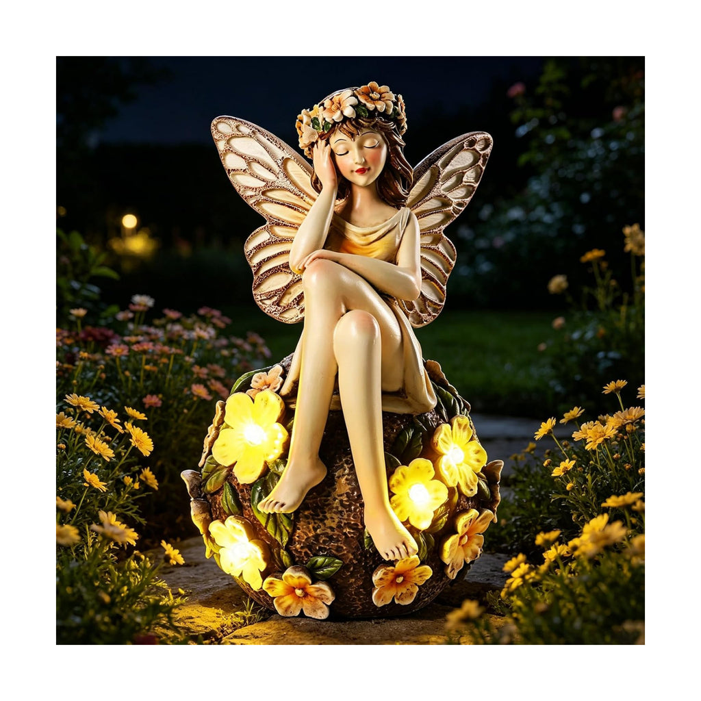 Solar Fairy Statue Sitting on the Flower Ball Light 6.8"Angel Statues | for Garden Yard Patio Porch Lawn Decor Resin
