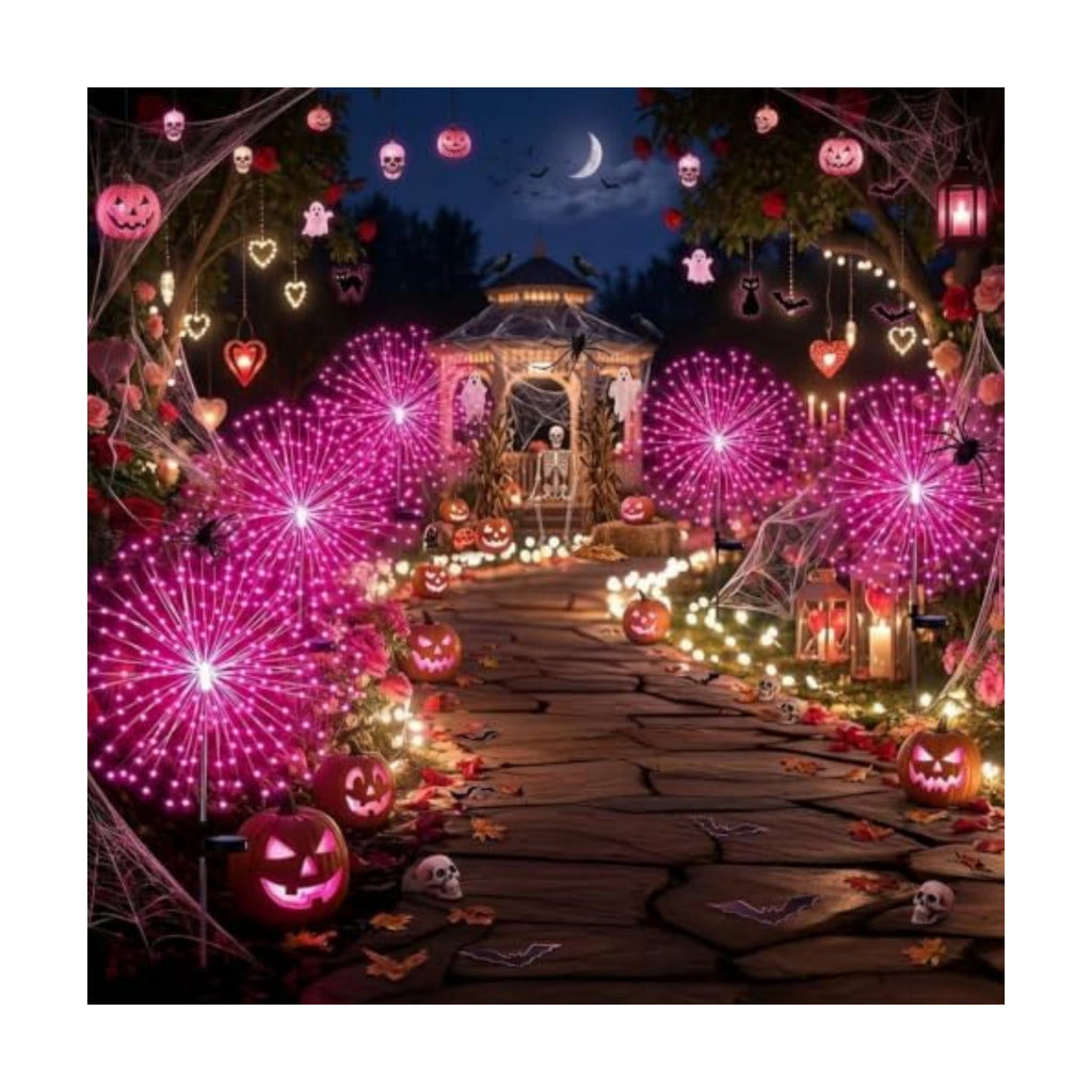 Tujoe 4 Pcs Halloween Solar Lights Outdoor Firework Lights Decor, Pink