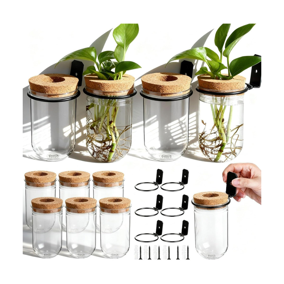 Baderke 6 Set Wall Plant Holder with Plastic Propagation Vases Hanging Planter Wall Mounted Set for Plants Growing in Water Hydroponic Artificial Plants Indoor Decor (2.48" X 4.72",Test Tube)