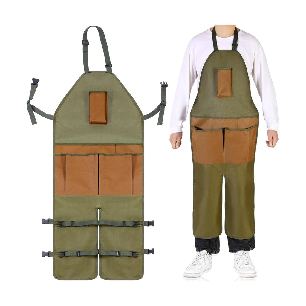 Shyyween Gardening Apron Adjustable Legs Waterproof Apron with 6 Release Pockets Army Green Adjustable Buckle for