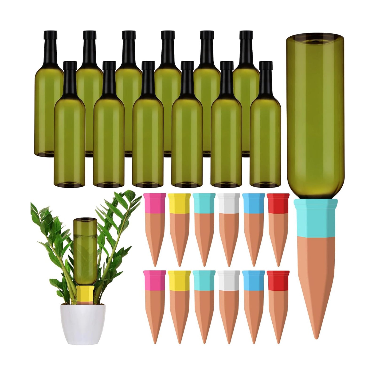 SiliFine 12 Sets Terracotta Watering Spikes,Green and Mixed Color | 26 oz Bottles for Slow Release Watering, Self