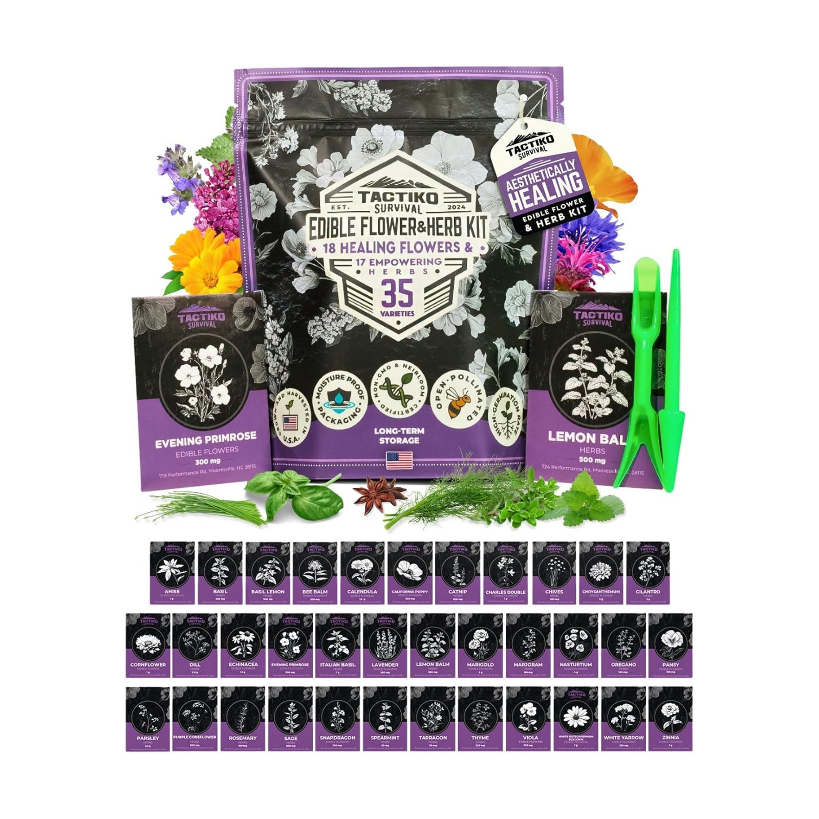 Tactiko Edible Flowers & Popular Herb Seed Kit | 35 Varieties | Non-GMO