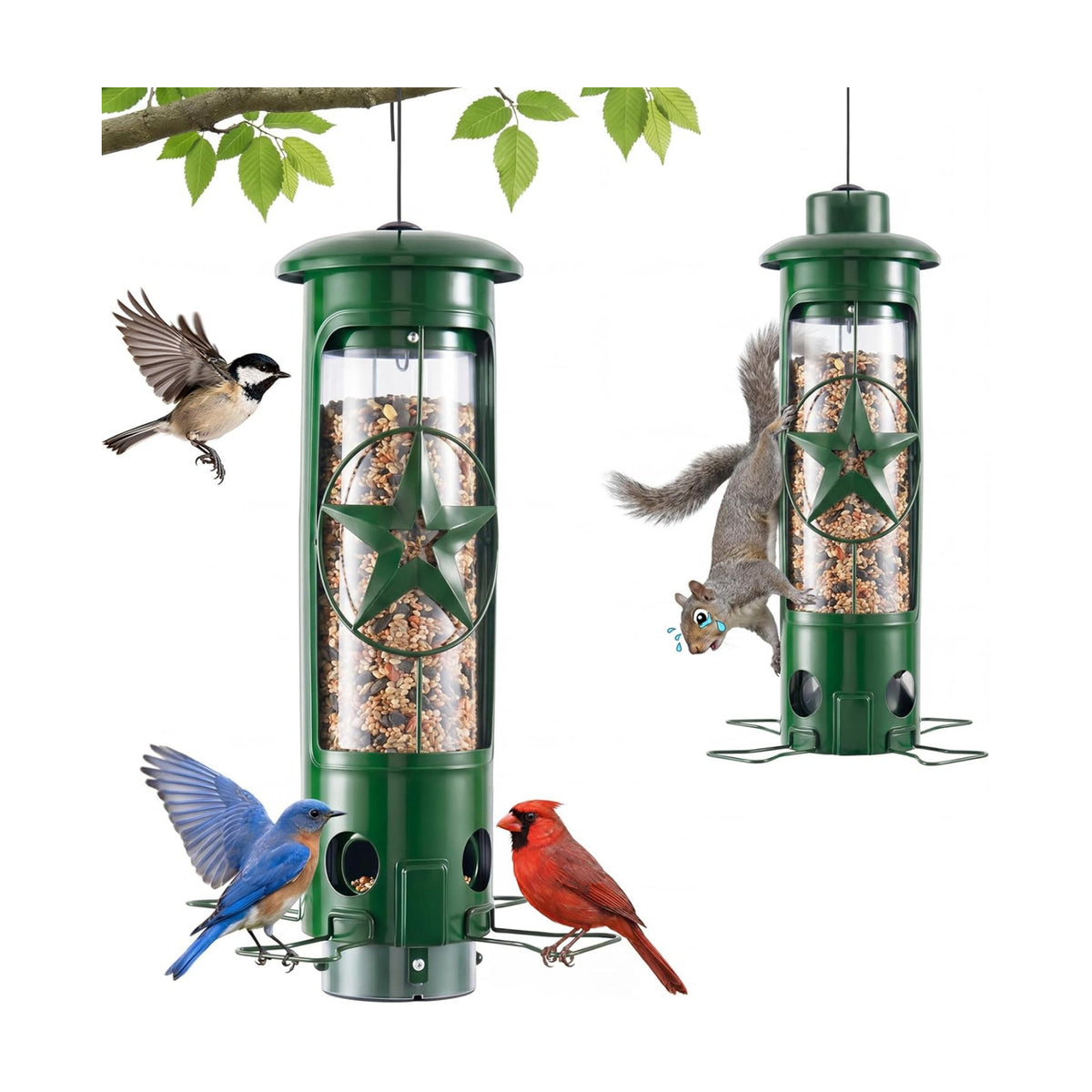 Squirrel Proof Bird Feeders for Outdoors Hanging, Metal Squirrel Proof Bird Feeder with Gravity Protection, 3LB Large Capacity Wild Bird Feeders for Outside Finch, Cardinal, Blue Jay (Green)