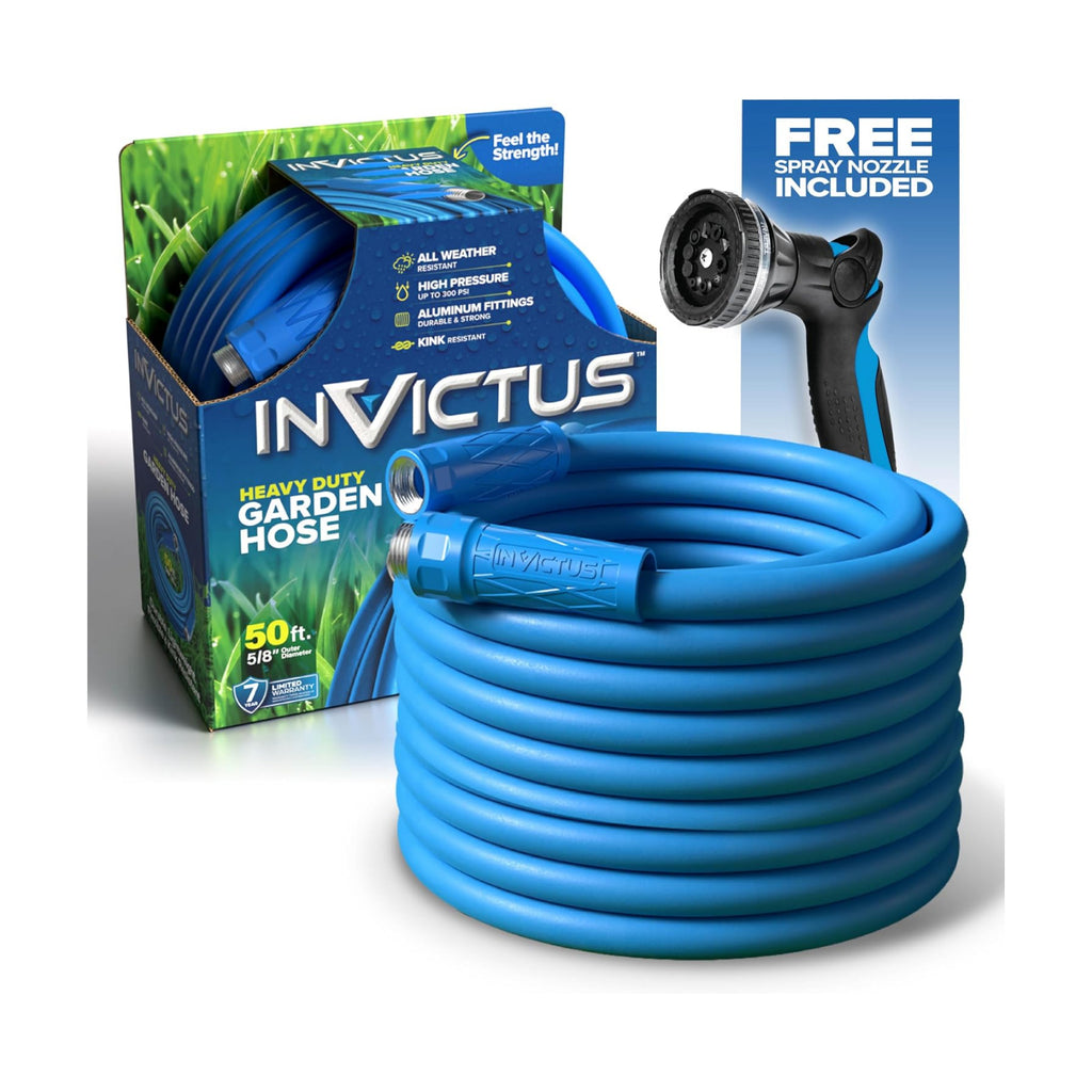 INVICTUS Garden Hose 50Ft x 5/8 in. Sprayer Nozzle Included, 2-Layer Heavy Duty Water Hose 50 Ft, Flexible