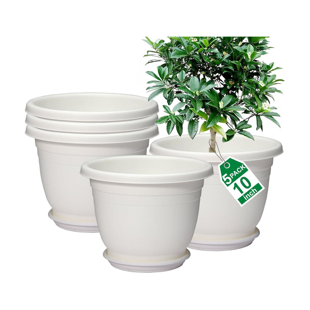5 Packs 10 inch Flower Pots + Saucers, Large Indoor & Outdoor Pot | Large Flower Pot With Drainage Holes, Planters for