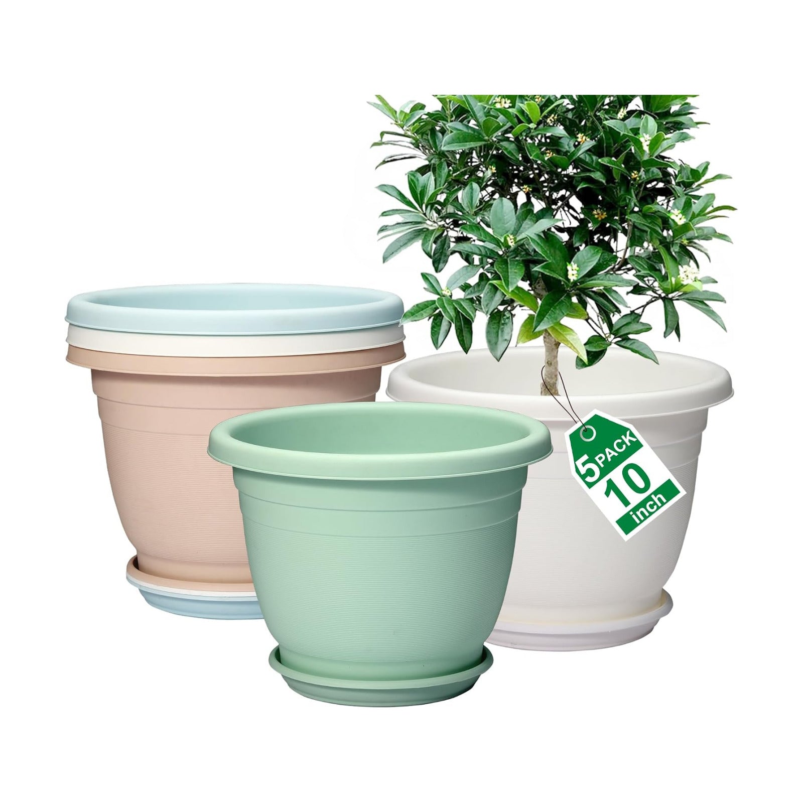 5 Packs 10 inch Flower Pots + Saucers, Large Indoor & Outdoor Pot | Large Flower Pot With Drainage Holes, Planters for