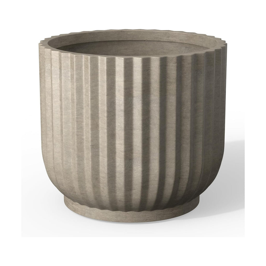 Kante Accent Round Pedestal Weathered Concrete Planter 14" Dia, Outdoor | Fluted, Rubber Plug for Indoor, Drainage for