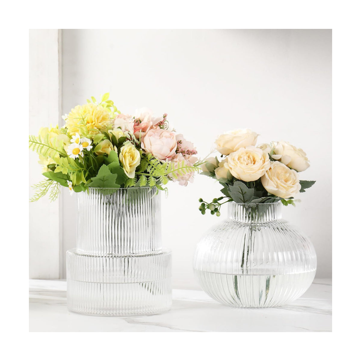 Ribbed Glass Vases, Set of 2 Fluted Vases for Flowers, Clear Glass Vase for Tulips, Modern Vase for Living Room, Kitchen, Office, Entryway, Mantle, Bookshelf, Wedding Gifts, Birthday