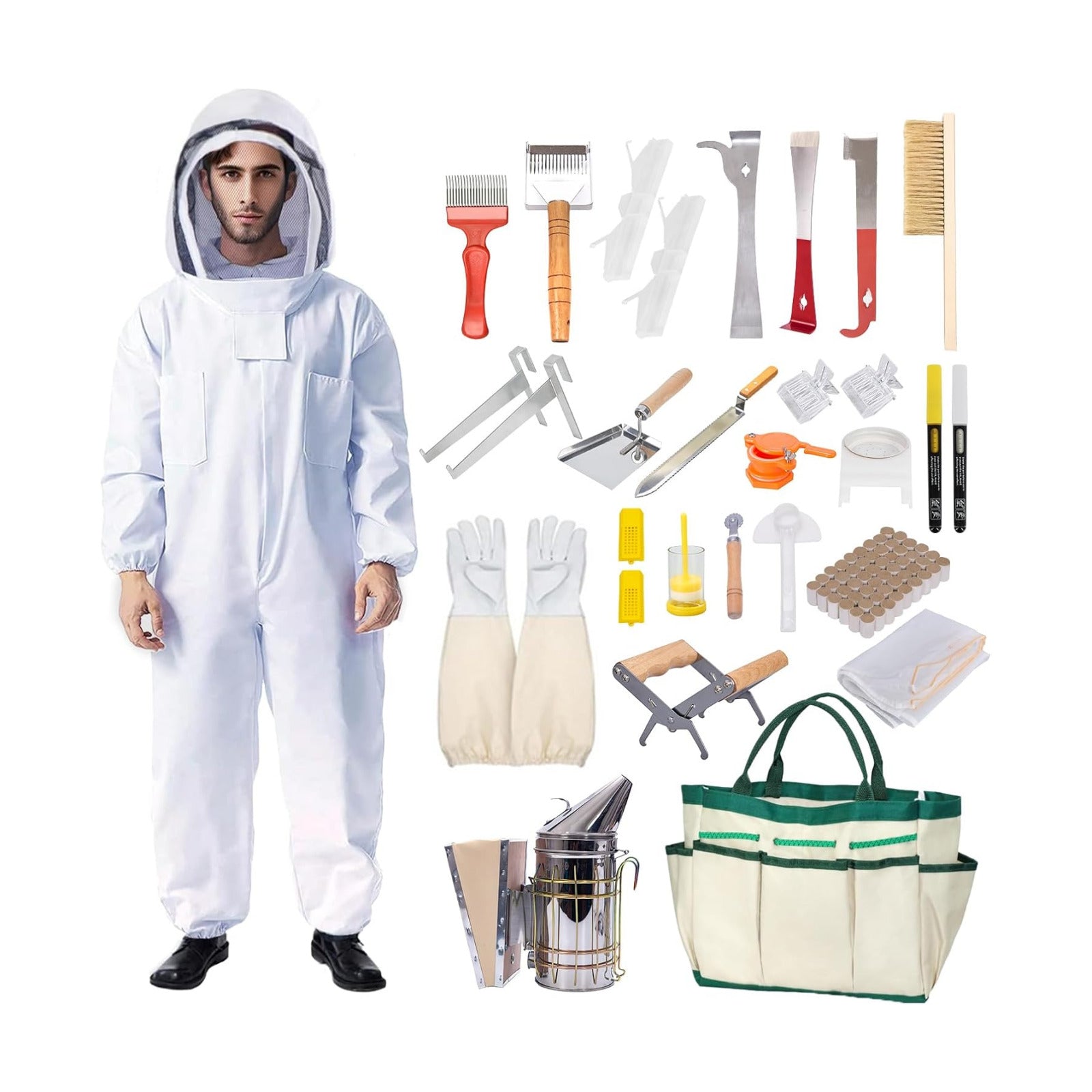 Honey Lake 31Pcs Beekeeping Supplies Starter Kit with Bee Suit – Includes Bee Smoker, Beehive Frame Holder, Frame Grip