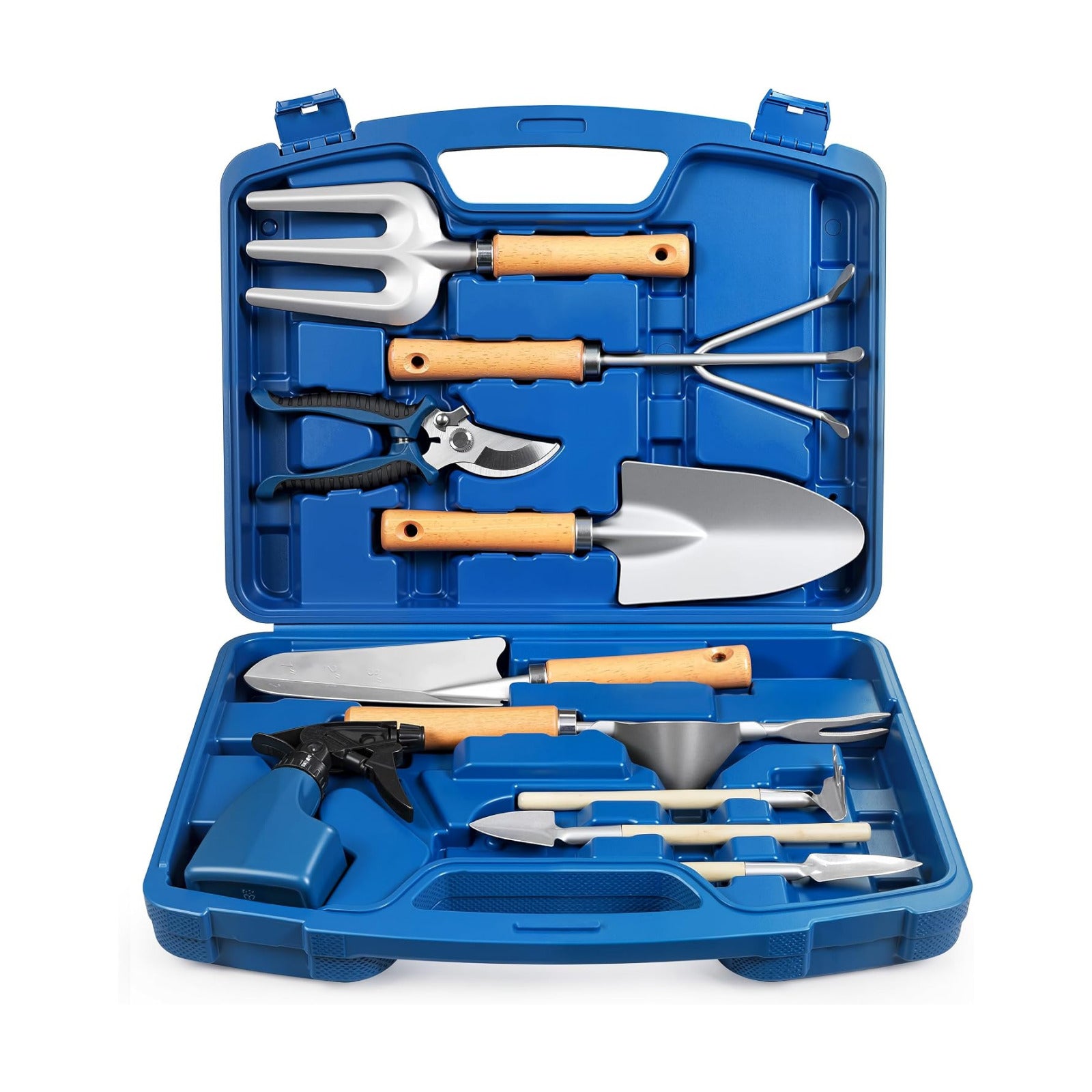 12-Piece Gardening Tools Set with Hard Storage Case, Blue | Heavy-Duty Steel Trowel & Pruner, Floral Print Design
