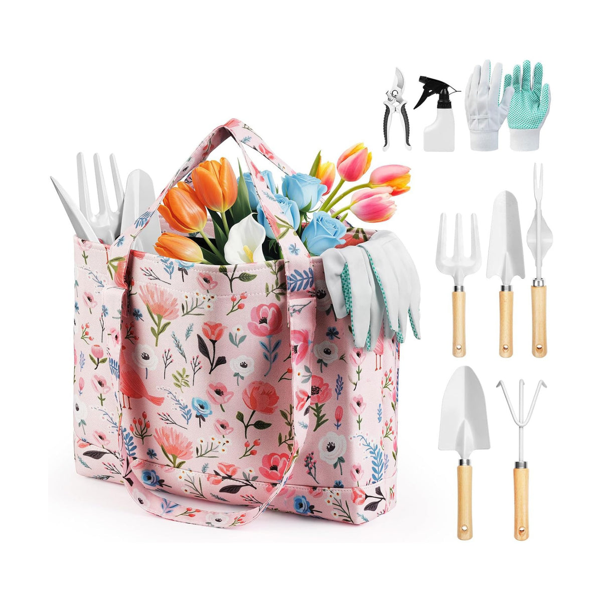 Grenebo 10-Piece Gardening Tool Set with Floral Bag, Pink White