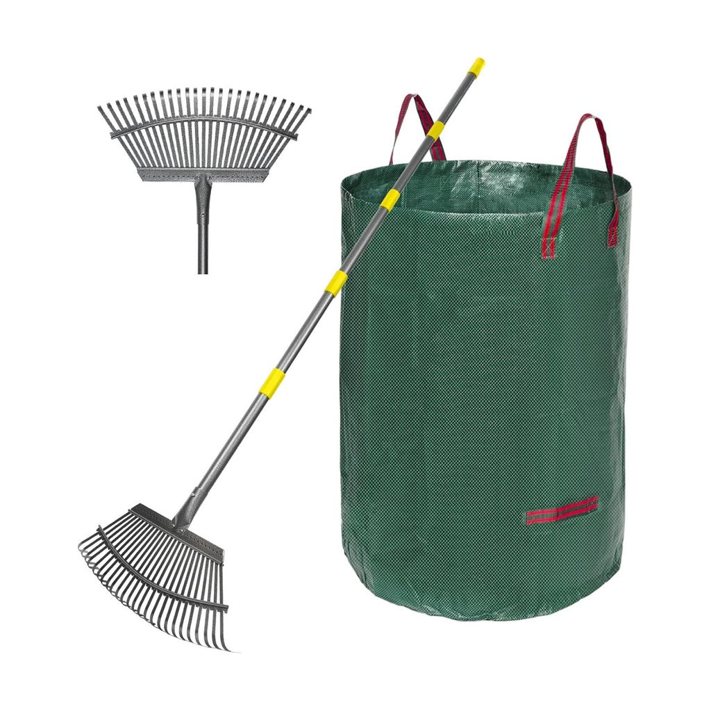 Adjustable Garden Rake for Leaves 36-73" Long Handle, 18" Wide, Heavy Duty with 25 Metal Tines ，Includes 32Gallon Leaf