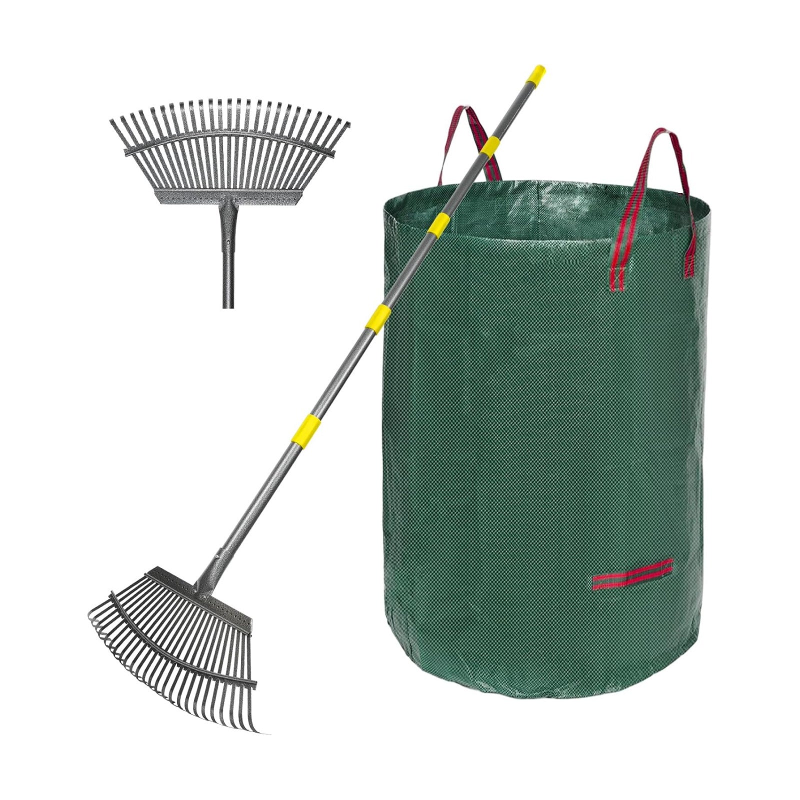 Adjustable Garden Rake for Leaves 36-73" Long Handle, 18" Wide, Heavy Duty with 25 Metal Tines ，Includes 32Gallon Leaf