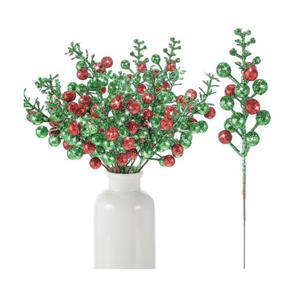 Geosar 36 Pcs Christmas Glittered Berries Stems, Red, Green