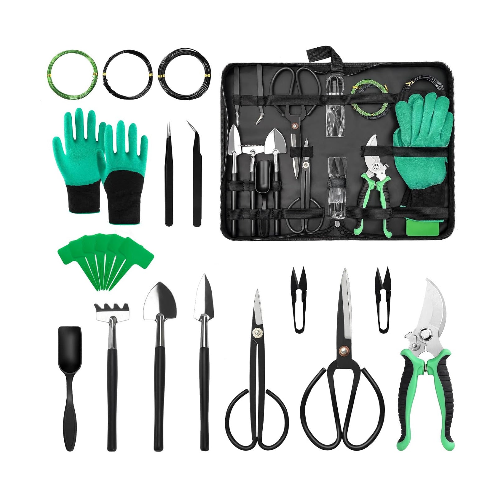 21 Pcs Bonsai Tool Kit for Beginners, Tools Set with PU Leather Bag | Premium Carbon Steel Pruning Shears & Scissors