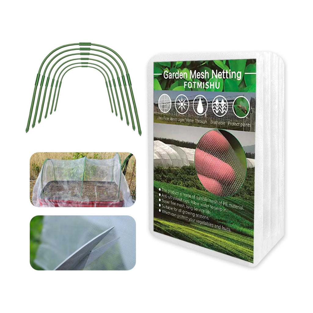 Garden Netting Kit, Garden Hoops 6Pcs+10x20FT Garden Mesh Netting with 18 Clips Barrier Bird Barrier Protection Net