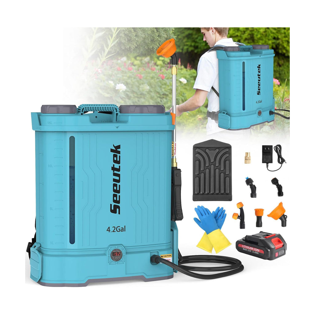 SEEUTEK Battery Powered Backpack Sprayer 4.2 Gallon,Electric Garden Sprayer | 0-100 PSI, Telescopic Wand, 6 Nozzles