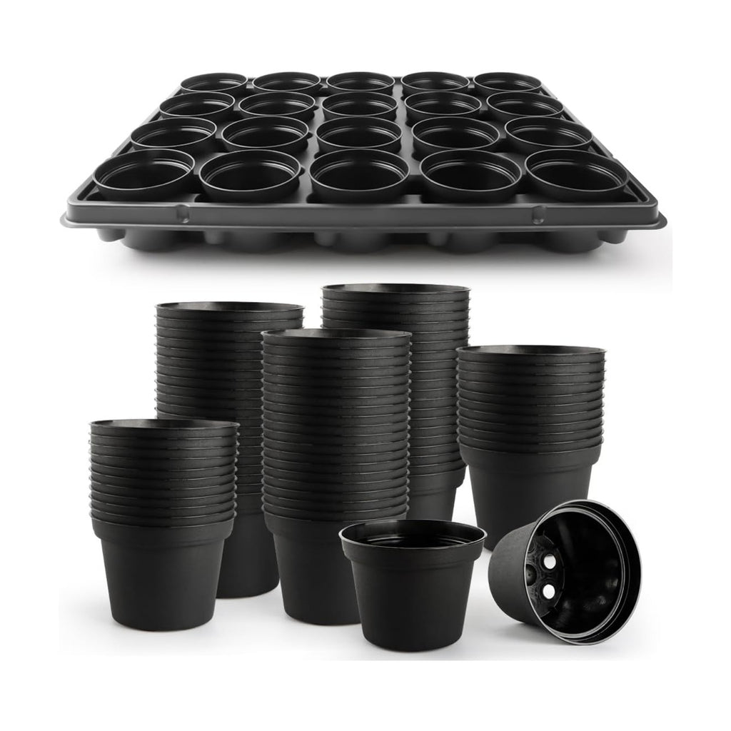 RooTrimmer 3 Inch Plastic Plant Pots 100 Pcs with 5 Pcs 20 Cell Seed Starter Trays, Thick Black Small Nursery Pots and