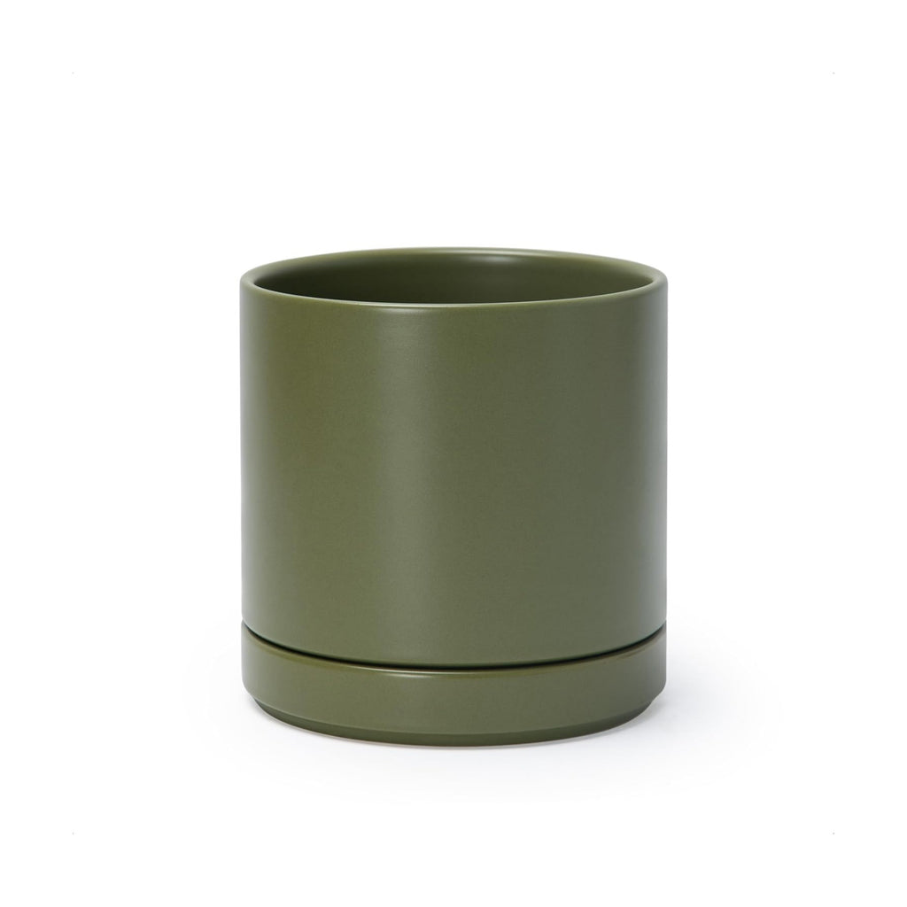 D'vine Dev 6.5 Inch Ceramic Planter Pot, Olive, 94-O-C-J | Modern Cylinder Design, Drainage Hole & Saucer Included