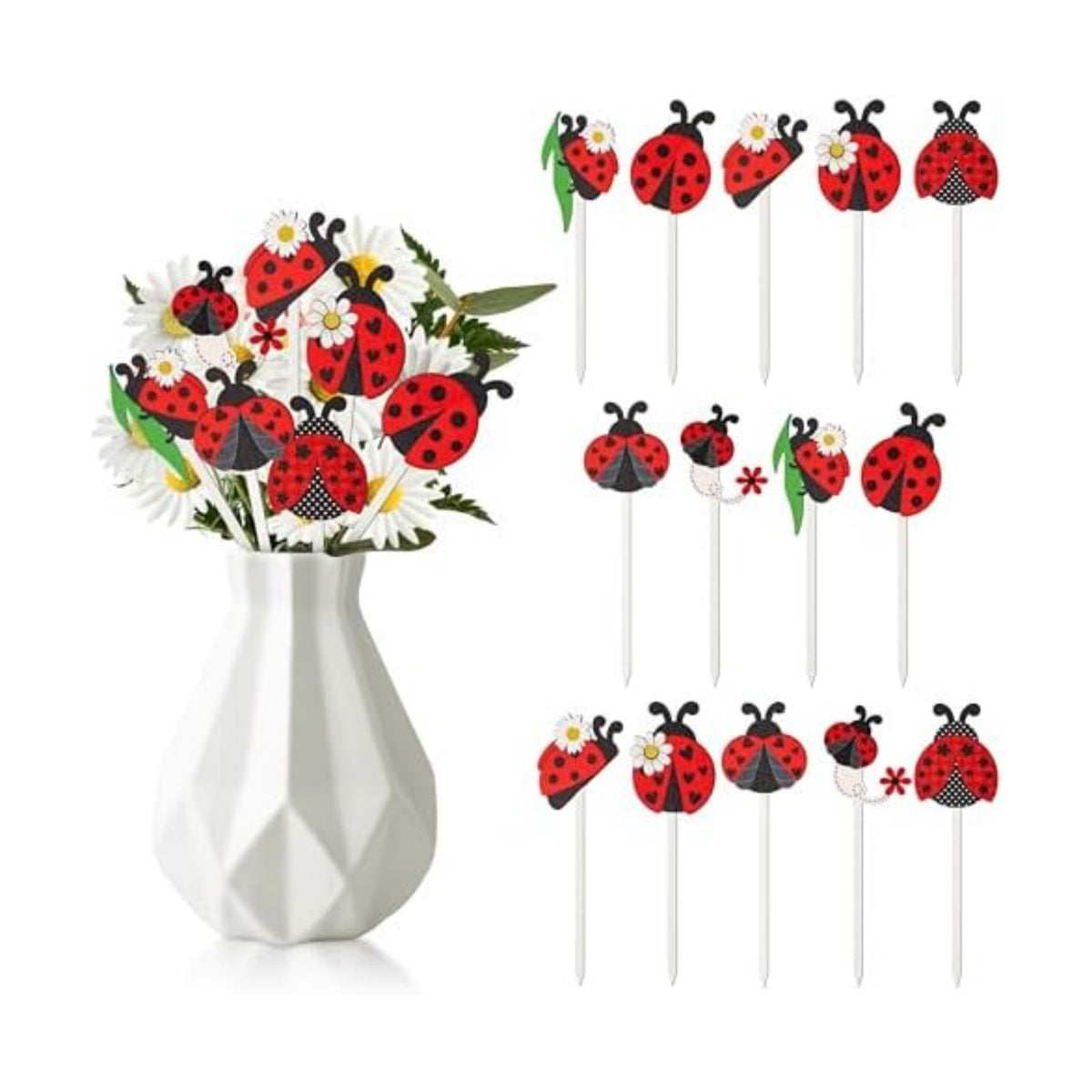 TICIAGA Summer Ladybug Wooden Picks - 14PCS Cute Ladybug Insect Double-Sided Wooden Decorative Picks for Home Vase Filler, Farmhouse Garden Theme Floral Pick for Summer Party Spring Holiday Supplies