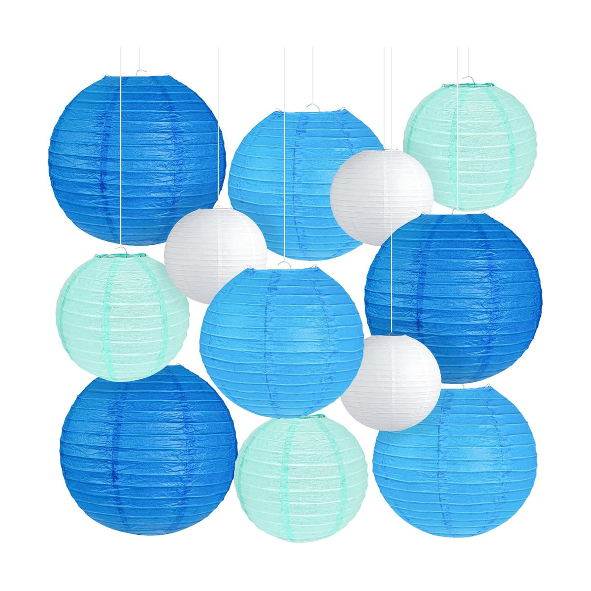 Blue Paper Lanterns, 12Pcs 6-12 Inch Round Hanging Party Decorations