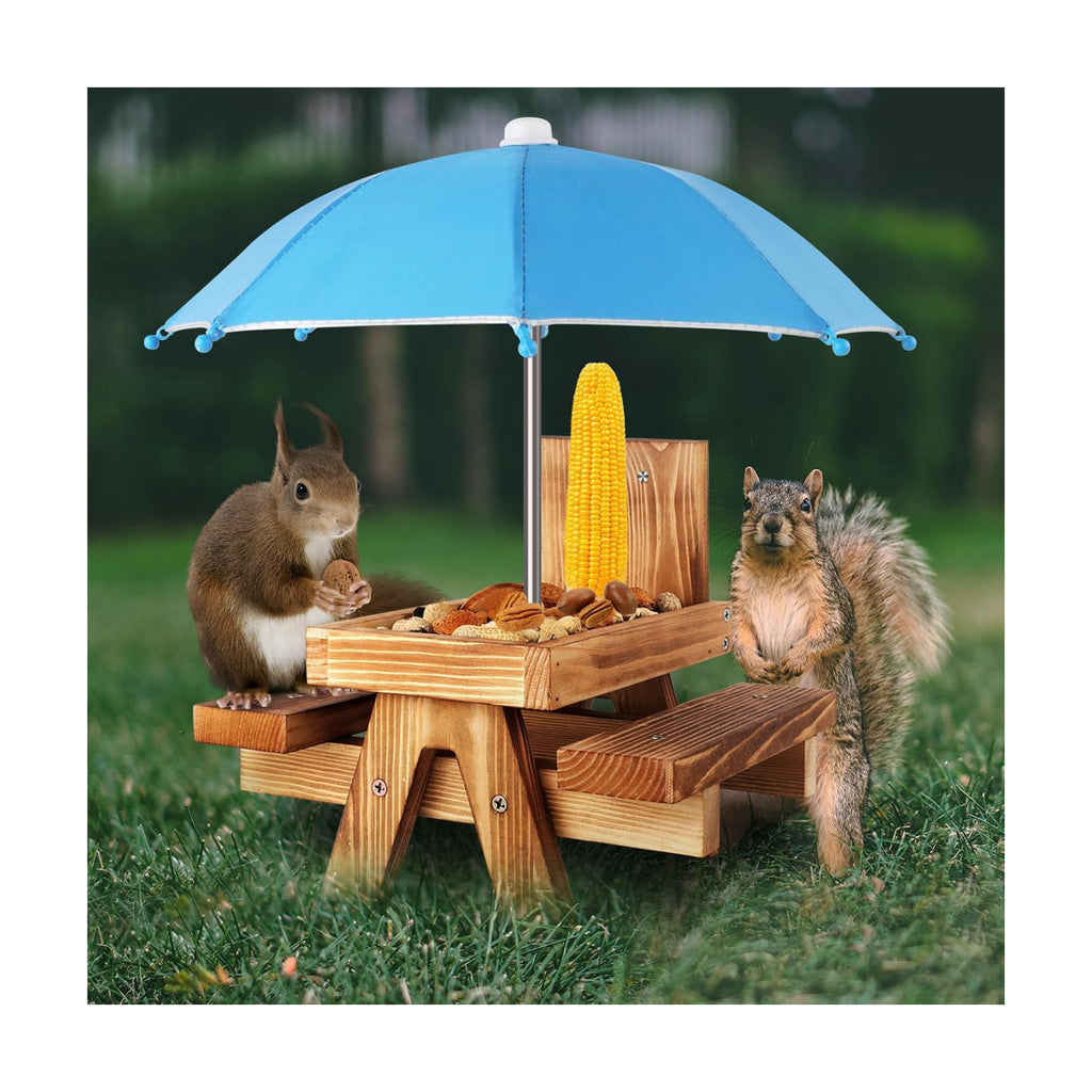 Gnodary Squirrel Feeder with Umbrella, Squirrel Feeders for Outside, Squirrel Picnic Table Feeder - Chipmunk Feeder Hold Corn, Corn Cob, Peanuts (Light-Blue)