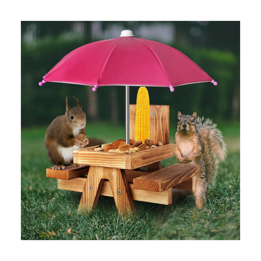 Gnodary Squirrel Feeder with Umbrella, Squirrel Feeders for Outside, Squirrel Picnic Table Feeder - Chipmunk Feeder Hold Corn, Corn Cob, Peanuts (Dark-Pink)