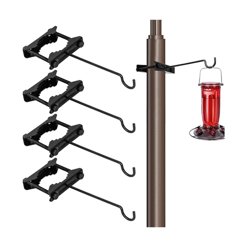 Bird Feeder Hanger Hook for 0.9-2.7" Pole, Iron Clamp-On Deck Hook for Railing Pole, Outdoor Hanging Bracket for Plant, Tree Branch Hooks for Bird House Holder (4 Pack)