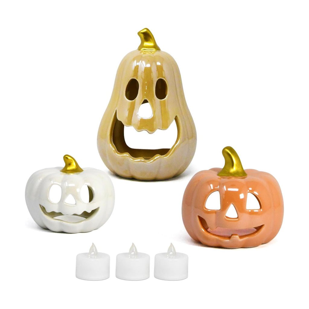 Halloween Ceramic Pumpkin Tea Light Holder Set of 3 Jack O Lanterns