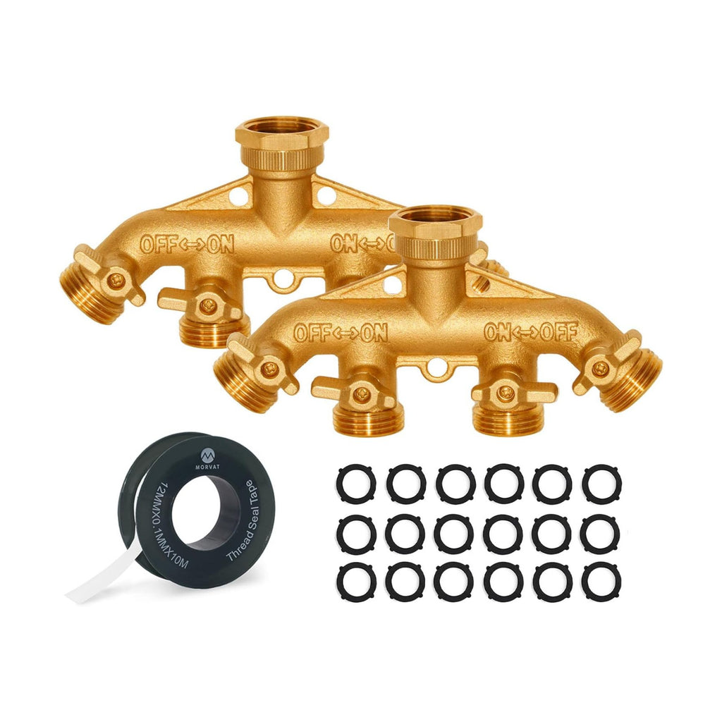 Brass 4-Way Splitter LEAD-FREE, Heavy-Duty Garden Hose Manifold Connector with Improved Comfort Grip ON/OFF Valves
