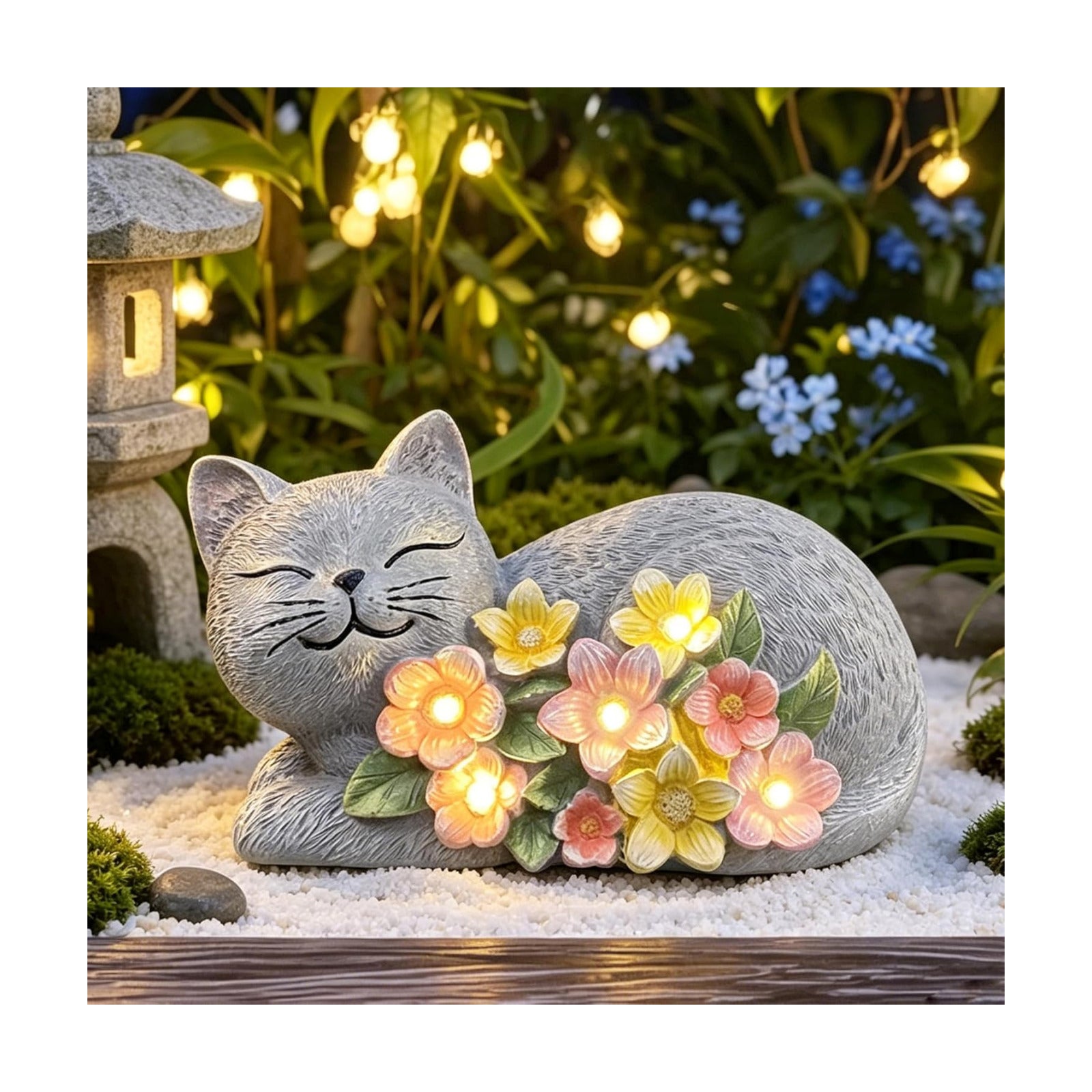 Solar Cat Garden Statue, Resin Solar Cat Lights for Outside | Outdoor Cat Statues with Flower for Lawn Porch Yard Art