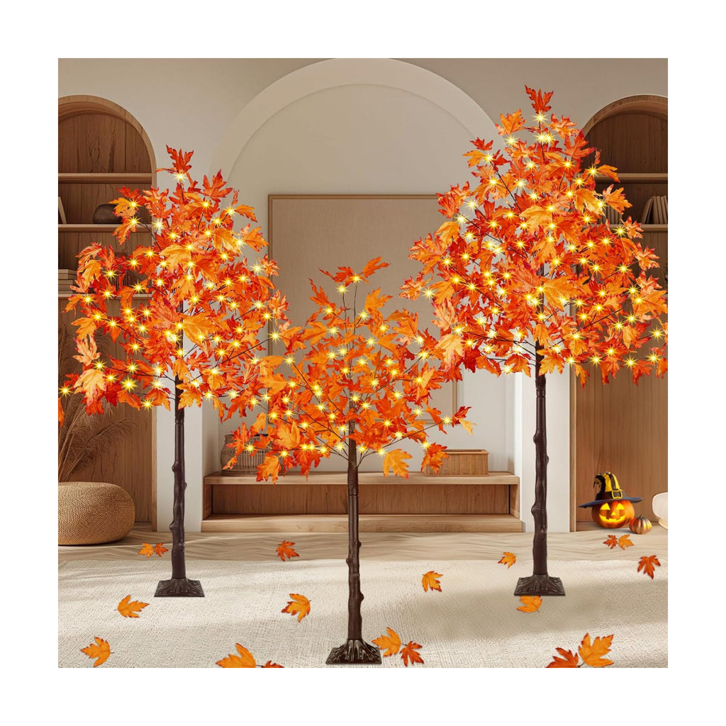 3 Pack Lighted Maple Tree 300 LED Artificial Fall Tree for Home Decorations
