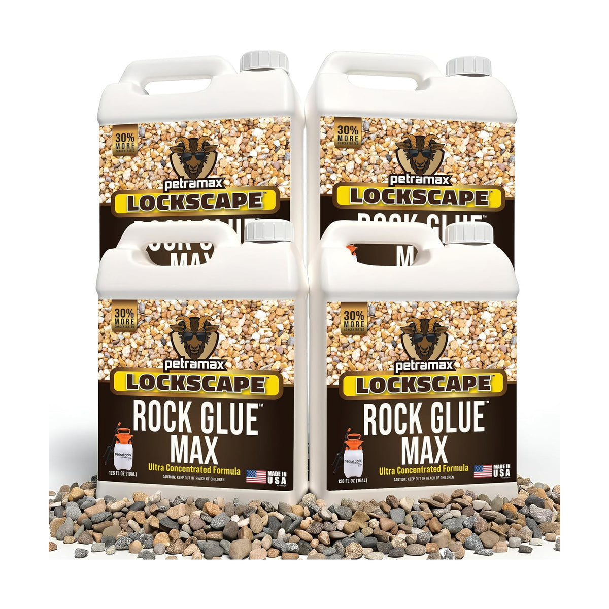PetraMax Rock Glue for Landscaping, Pet-Safe & Non-Toxic, (1 Gal x 4) | Sticky Clear Gravel Binder & Decomposed Granite