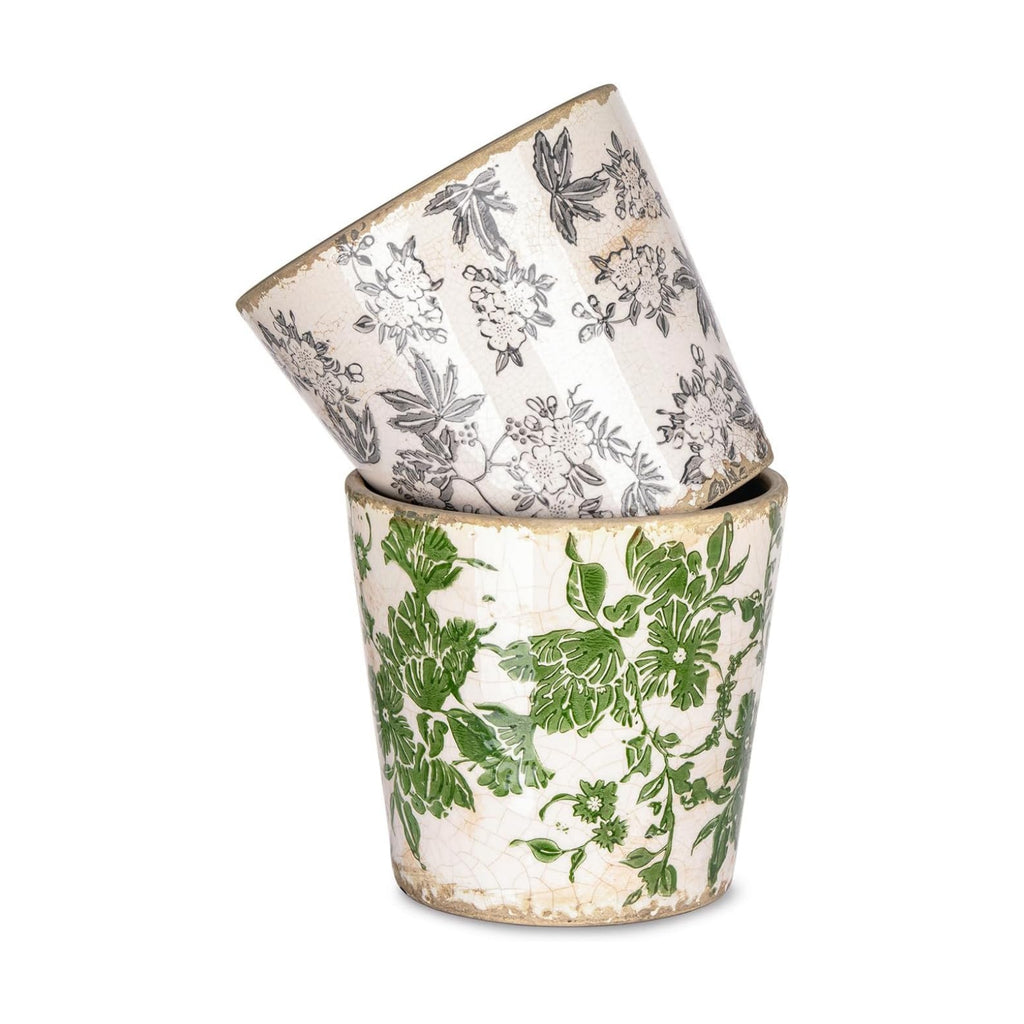 Sungmor 5.5 Inch Ice Crackle Glaze Ceramic Planter - 2 Pack Green & Grey | Decorative Indoor & Outdoor Flower Pots with