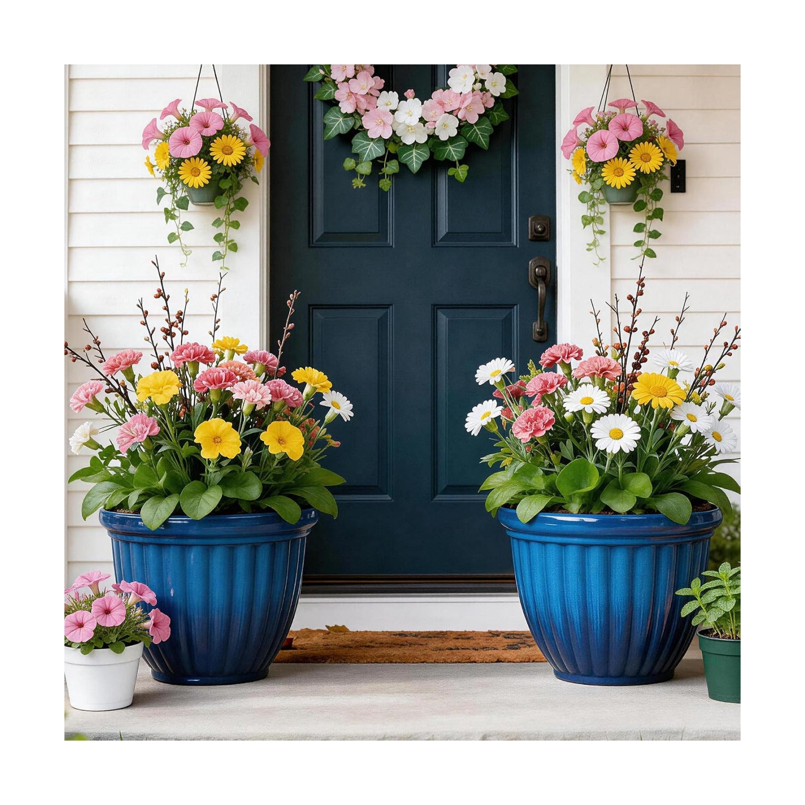 Autodaya 15" Large Planters for Outdoor Plants Set of 2 Plastic Flower Pots | Gradient Blue Finish and 3D Textures