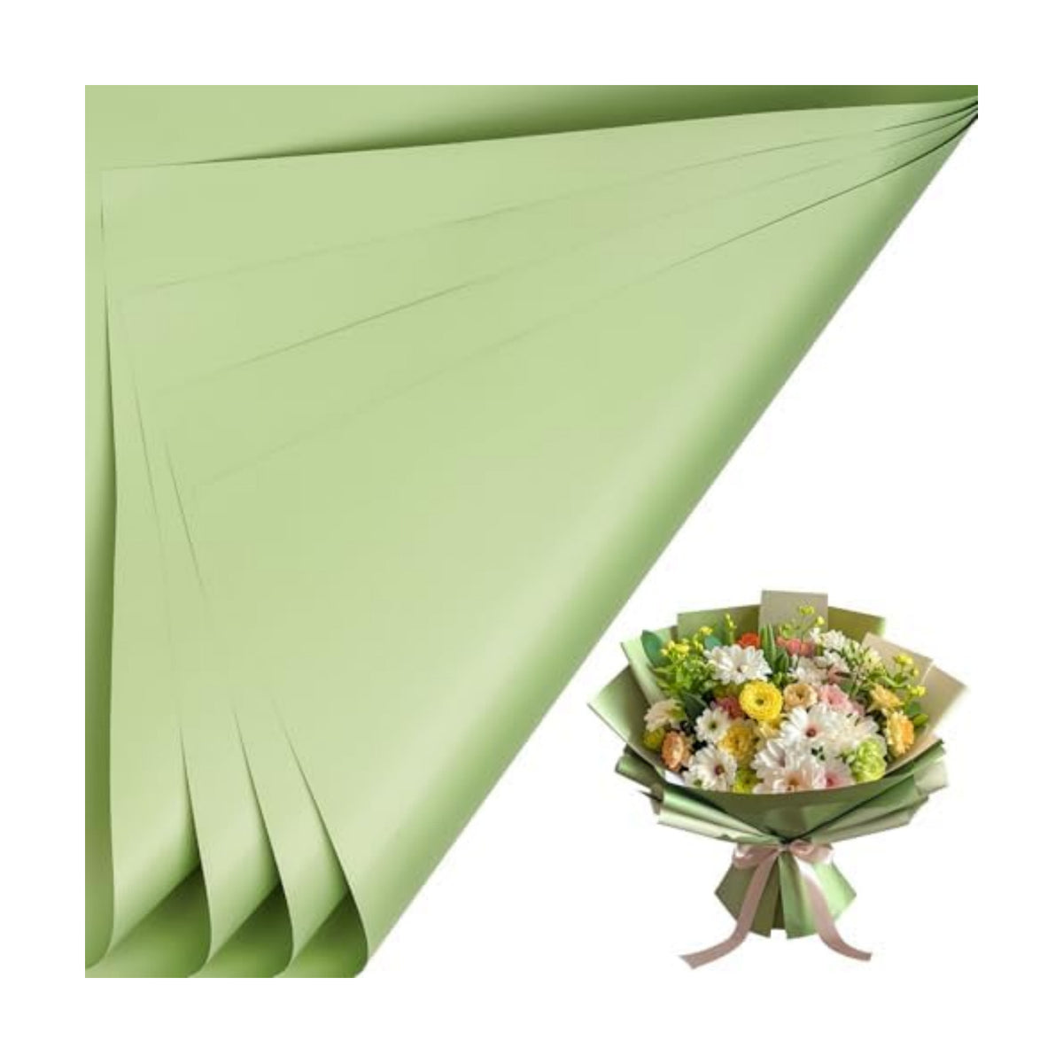 LeZakaa 20 Sheets Flower Wrapping Paper - Waterproof Reversible Floral Bouquet Paper - Military Green Design for Father's Day, Graduation, Party, Holiday