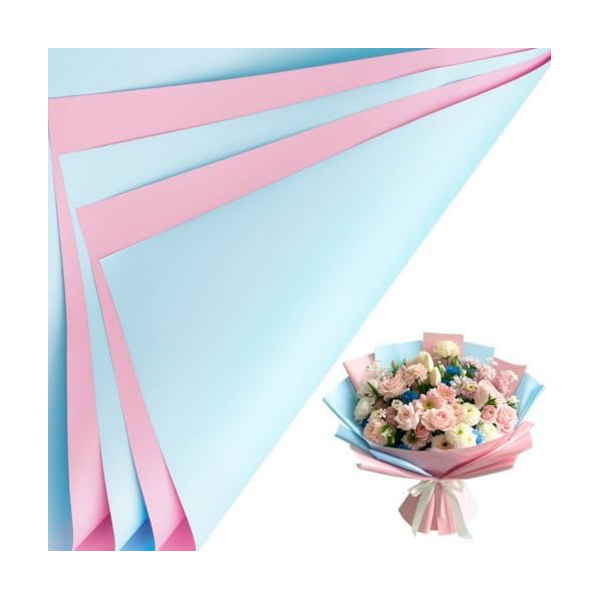 LeZakaa 20 Sheets Flower Wrapping Paper - Waterproof Reversible Floral Bouquet Paper - Sky Blue and Pink Design for Valentine's Day, Mother's Day, Parties, Birthdays, Weddings, Baby Shower