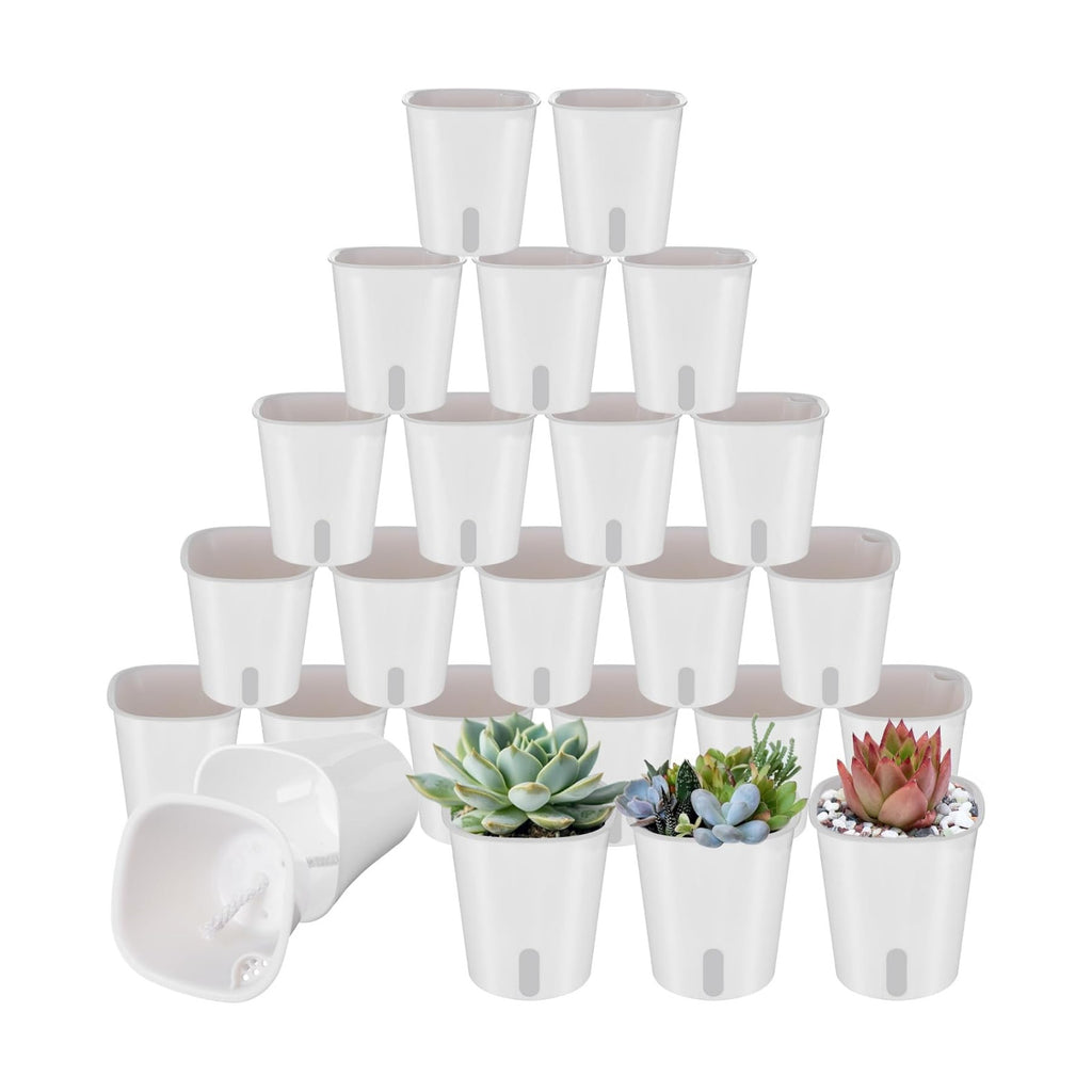 24 Pcs Self Watering Pots for Indoor Plants, 3 Inch White Plastic Self Watering Planters with Water Level Indicator