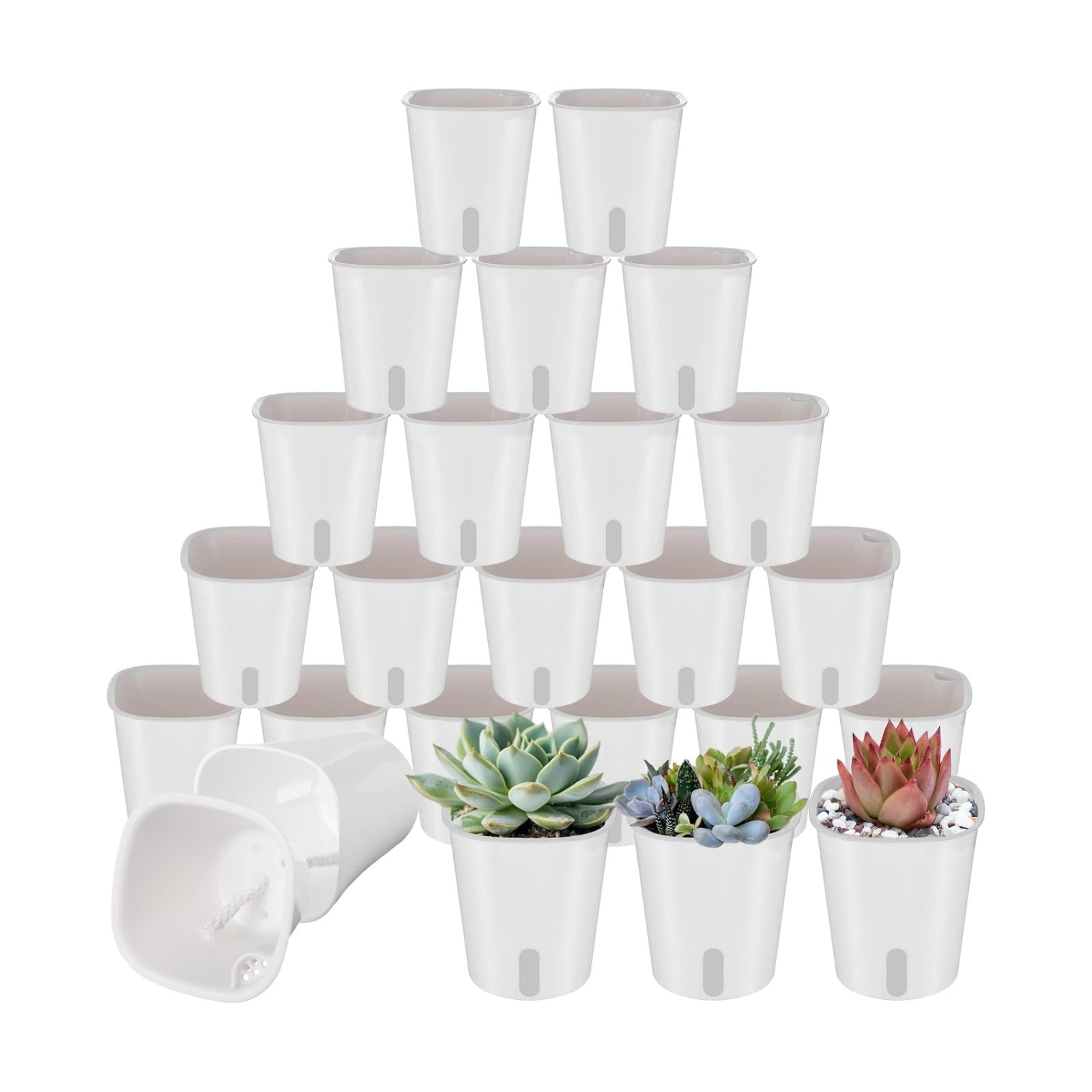 24 Pcs Self Watering Pots for Indoor Plants, 3 Inch White Plastic Self Watering Planters with Water Level Indicator